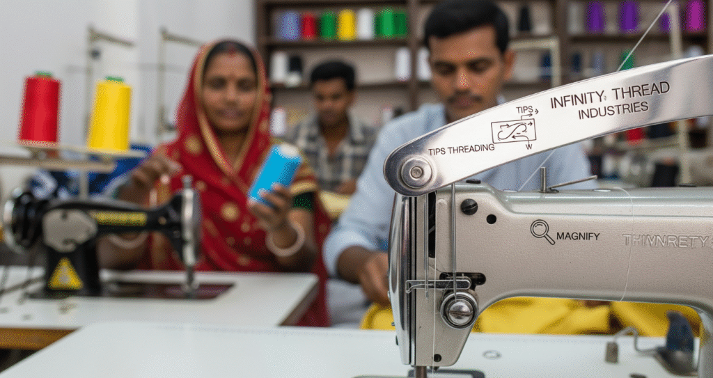 Workers handling colourful sewing machine thread spools at Infinity Thread Industries' manufacturing unit in India.
