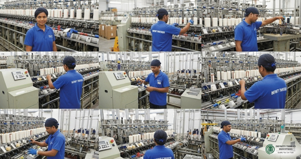 Workers at Infinity Thread Industries managing high-precision thread machines for premium FIBC jumbo bag thread production.