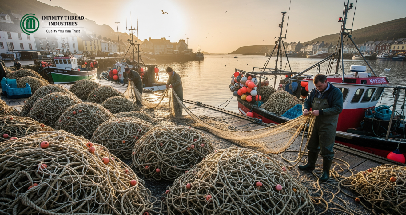 Fishermen using durable fishing twine by Infinity Thread Industries to support modern fishing industries at the dock.