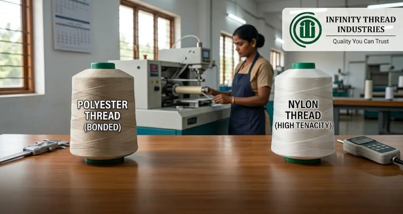 Polyester vs nylon thread for industrial use by Infinity Thread Industries showing bonded and high tenacity threads.