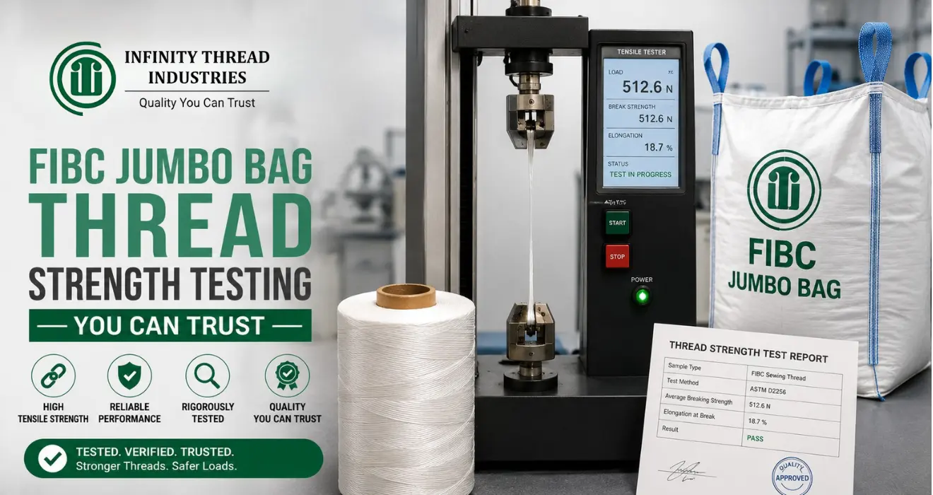 FIBC jumbo bag thread strength testing by Infinity Thread Industries ensures durable, high-strength threads for safe bulk bags.
