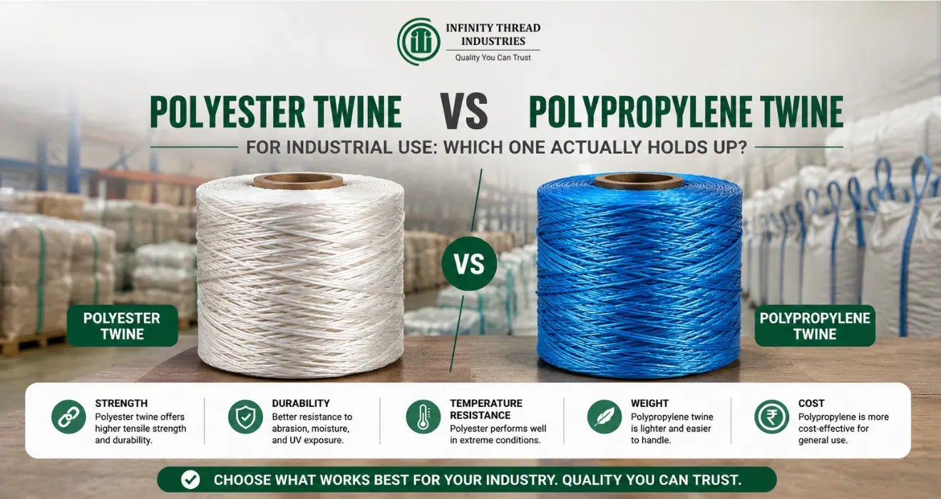 Polyester twine vs polypropylene twine industrial comparison by Infinity Thread Industries for strength and durability.