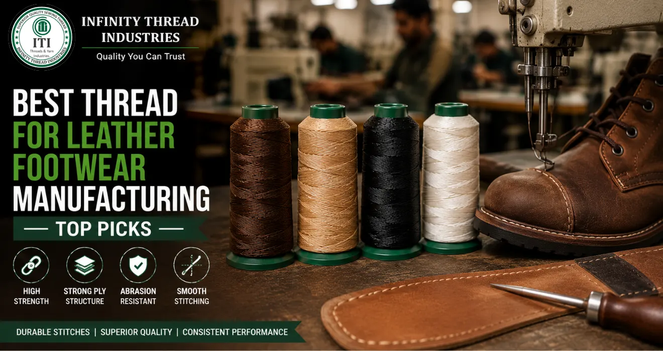 Thread for leather footwear manufacturing by Infinity Thread Industries for strong, durable and smooth shoe stitching.