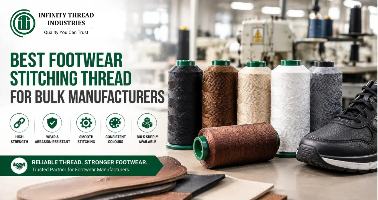 Footwear Stitching Thread for bulk manufacturers, delivering strong and smooth stitching from Infinity Thread Industries.